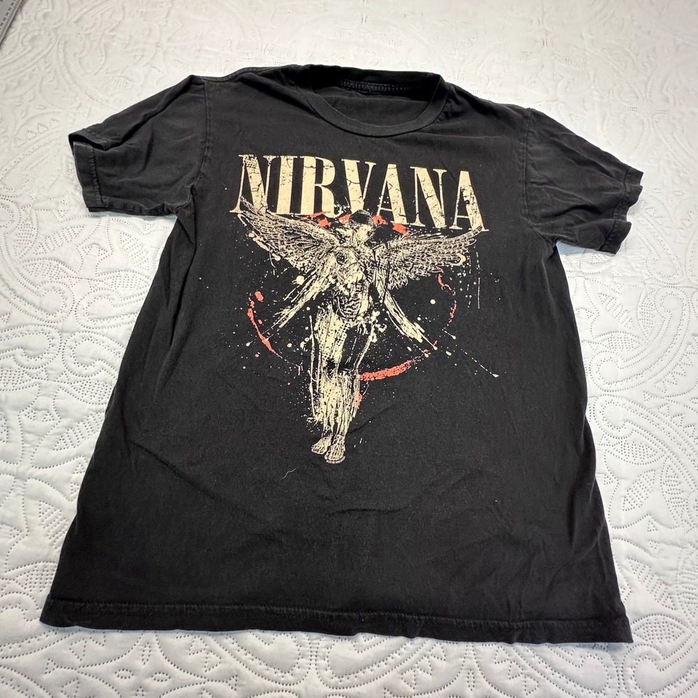 Nirvana In Utero Graphic T-Shirt Black Small Rock Band Angel Print Short Sleeve